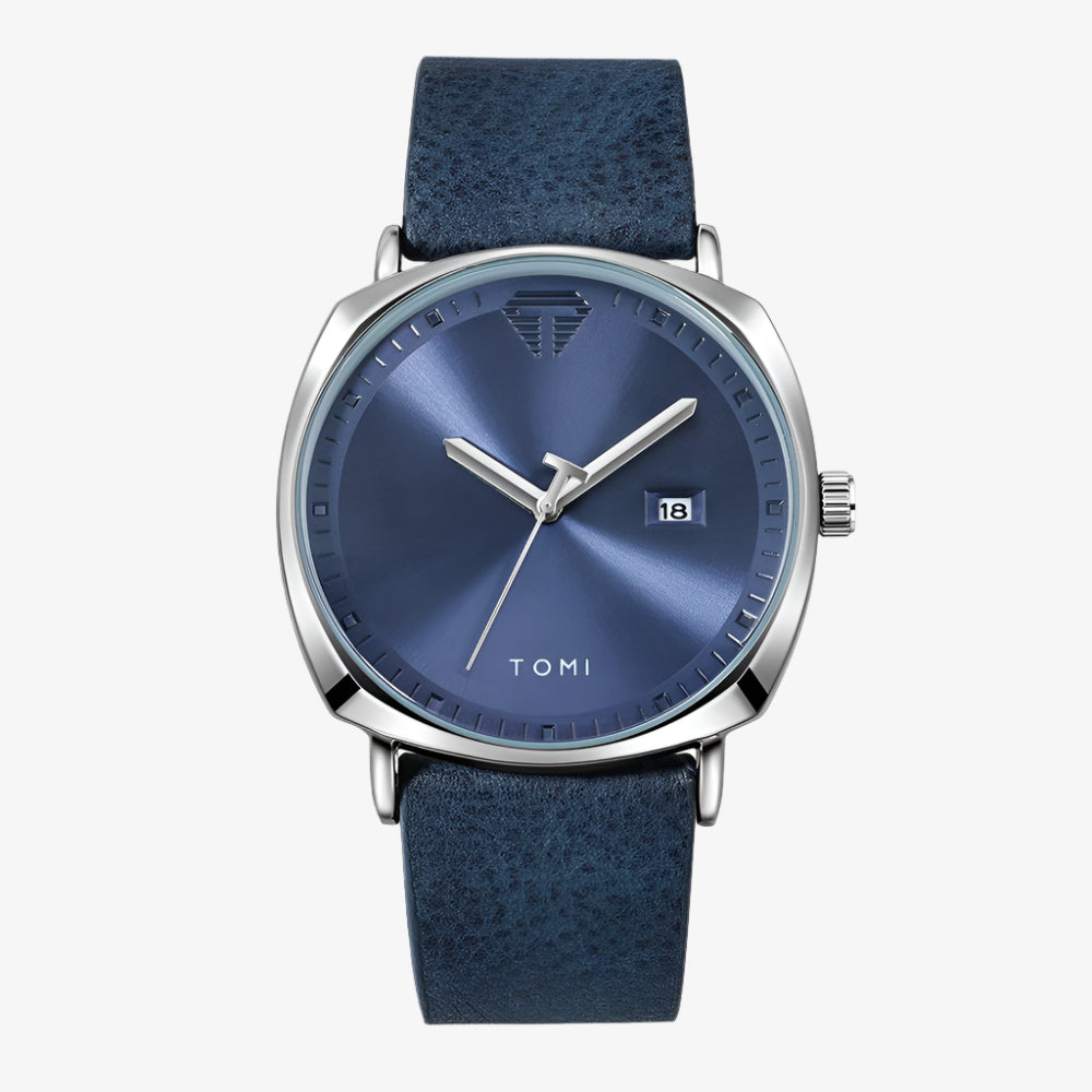 Blue watch with a silver case and blue strap on a white background