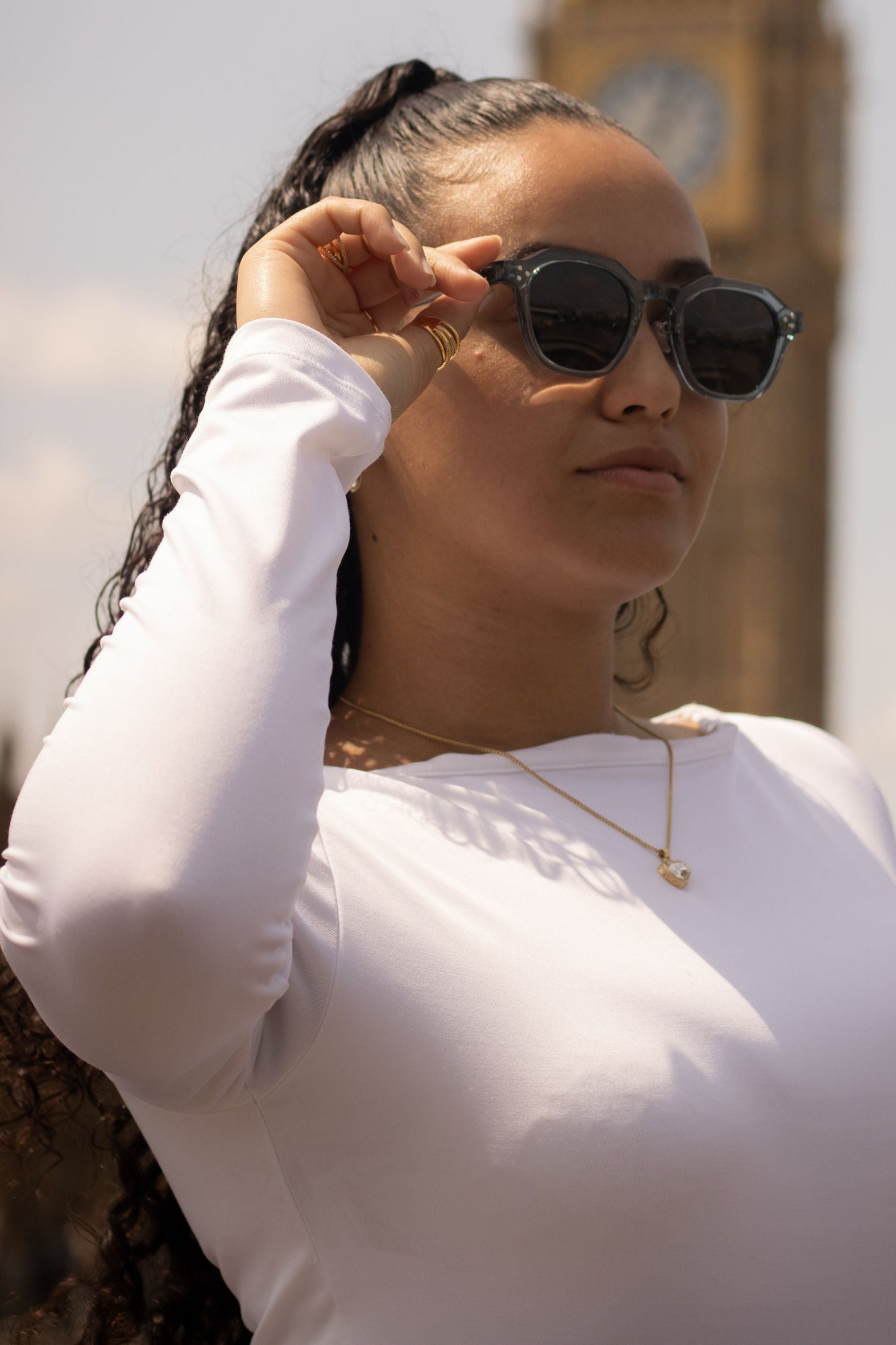 Woman wearing sunglasses with Big Ben in the background