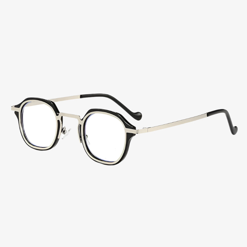 Black and silver eyeglasses on a white background with 'BLACK SILVER' text.