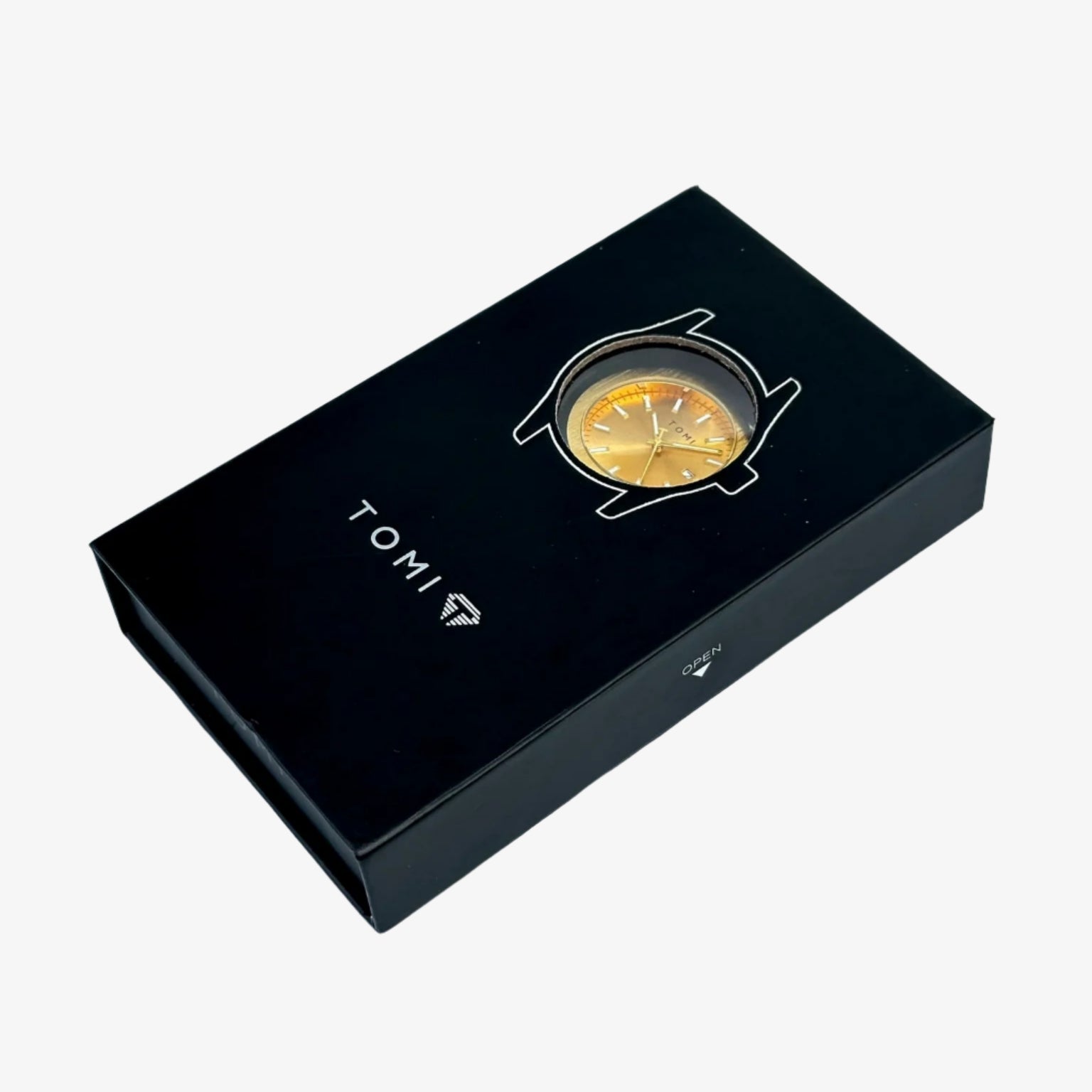 Black box with a watch design on a light blue background