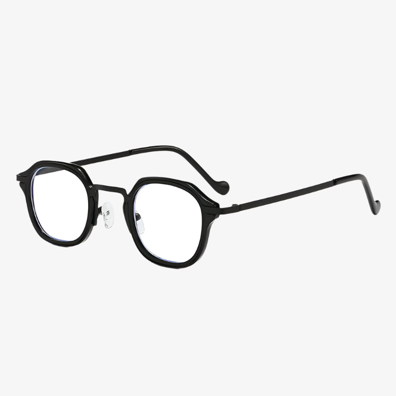 Black eyeglasses on a white background with 'BLACK' text below.