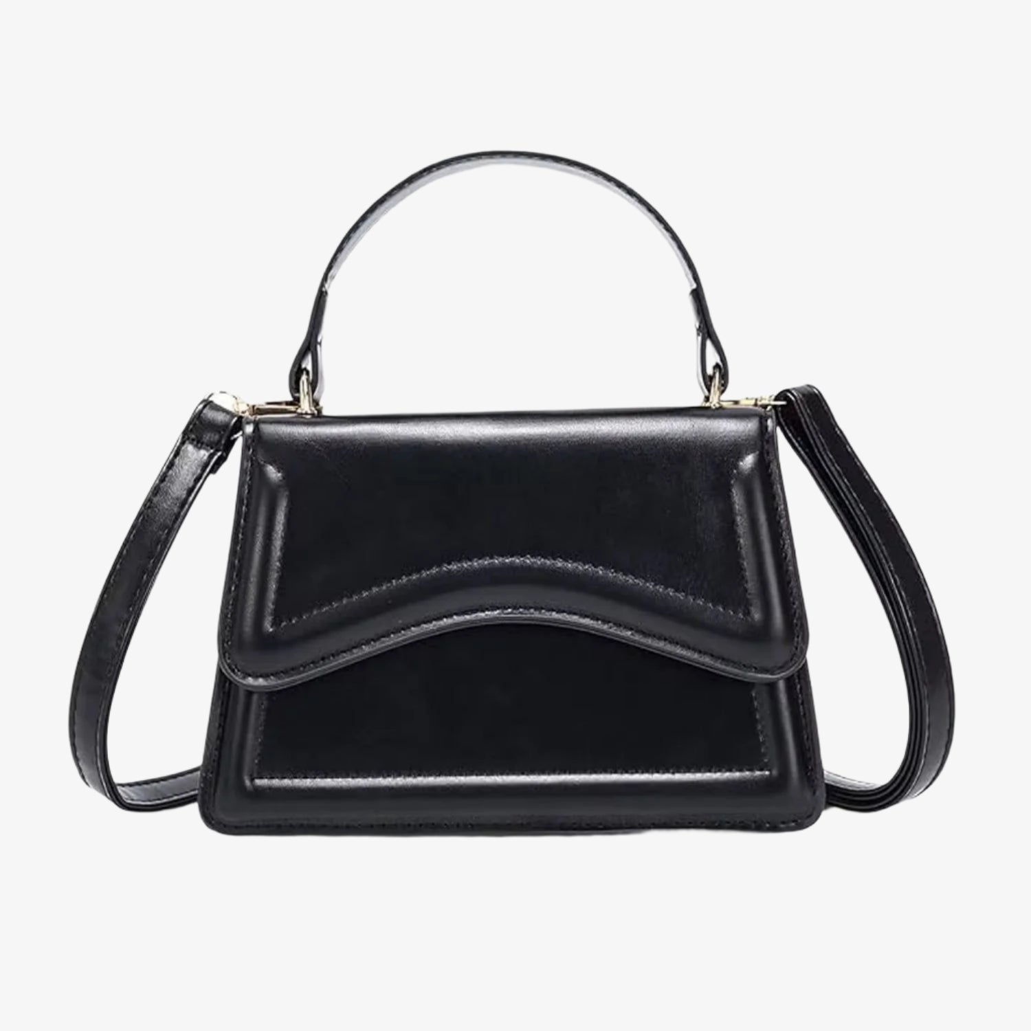 Black handbag with a shoulder strap on a white background
