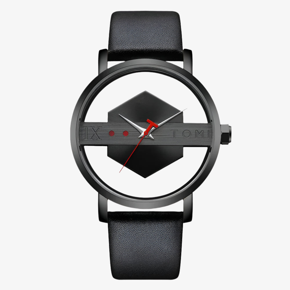 Black watch with a unique design on a white background