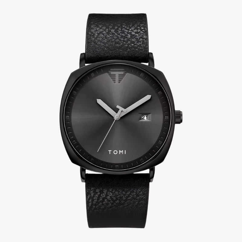 Black watch with leather strap on a white background