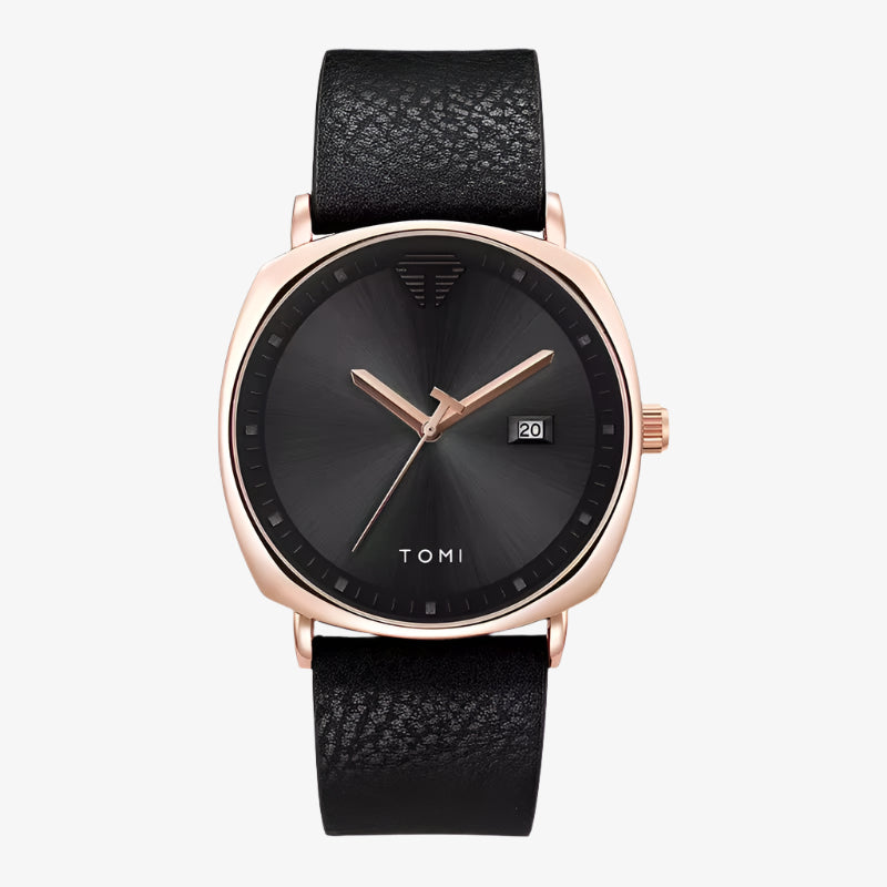 Black watch with rose gold accents on a white background