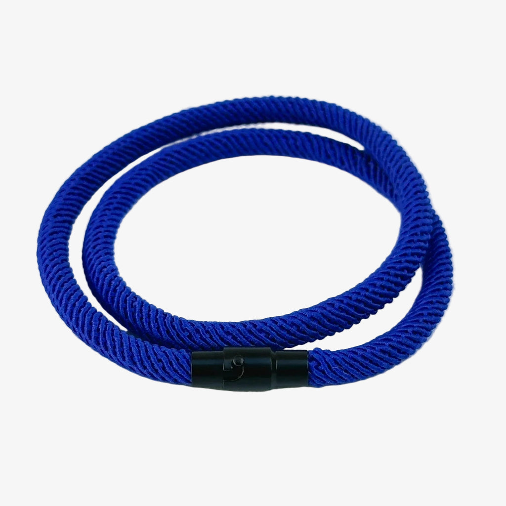 Blue braided lanyard with a black clip on a light gray background