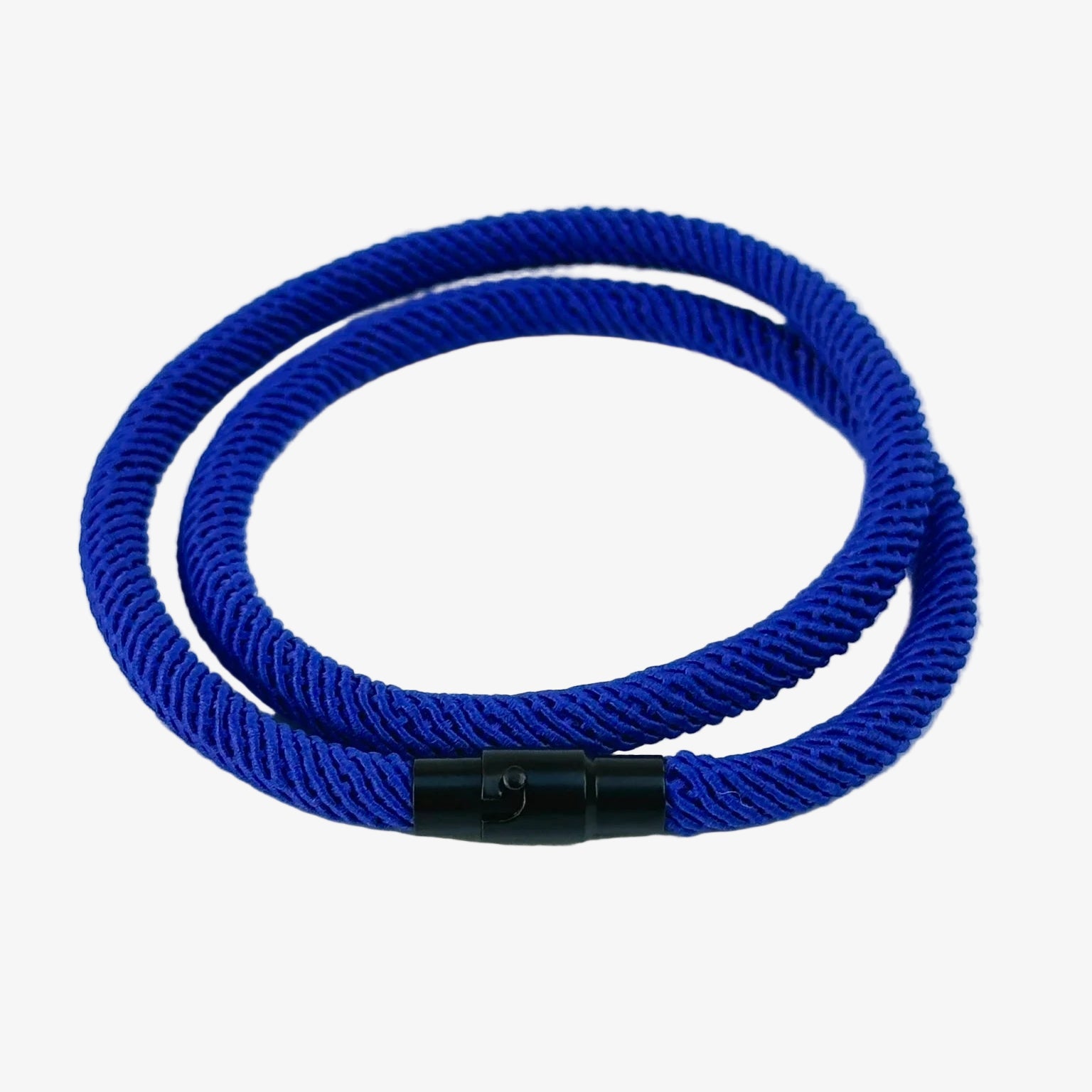 Blue braided lanyard with a black clip on a light gray background