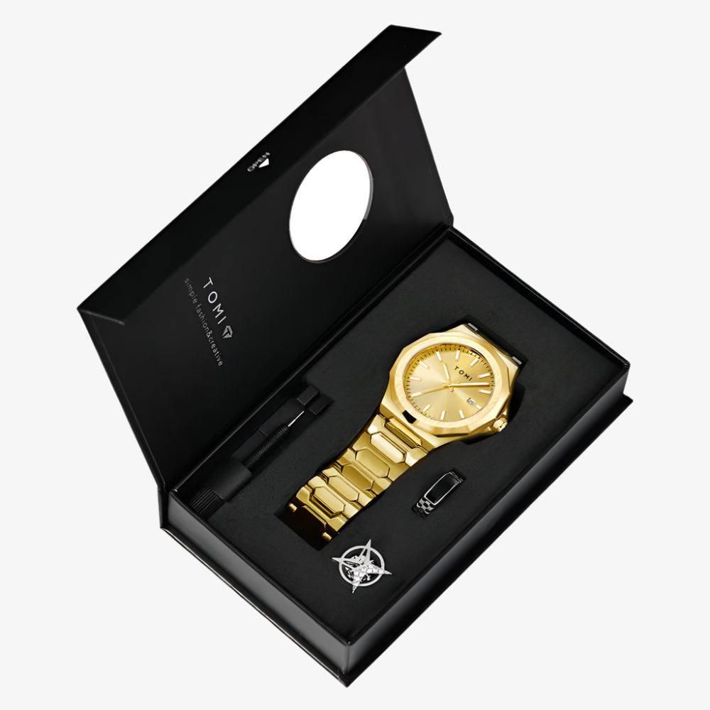 Gold watch in a black box with 'TOM' branding on a white background