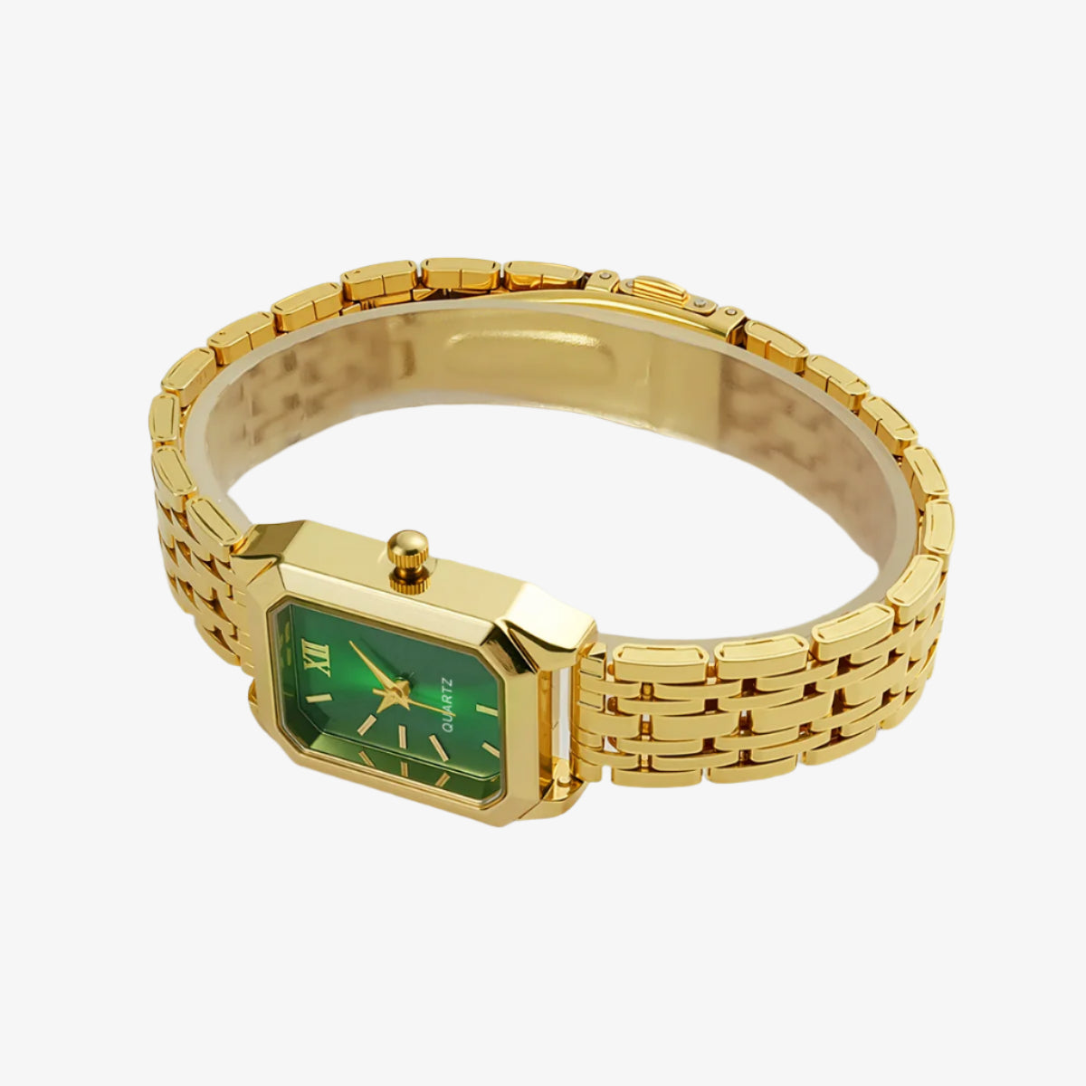 Gold watch with a green face on a white background