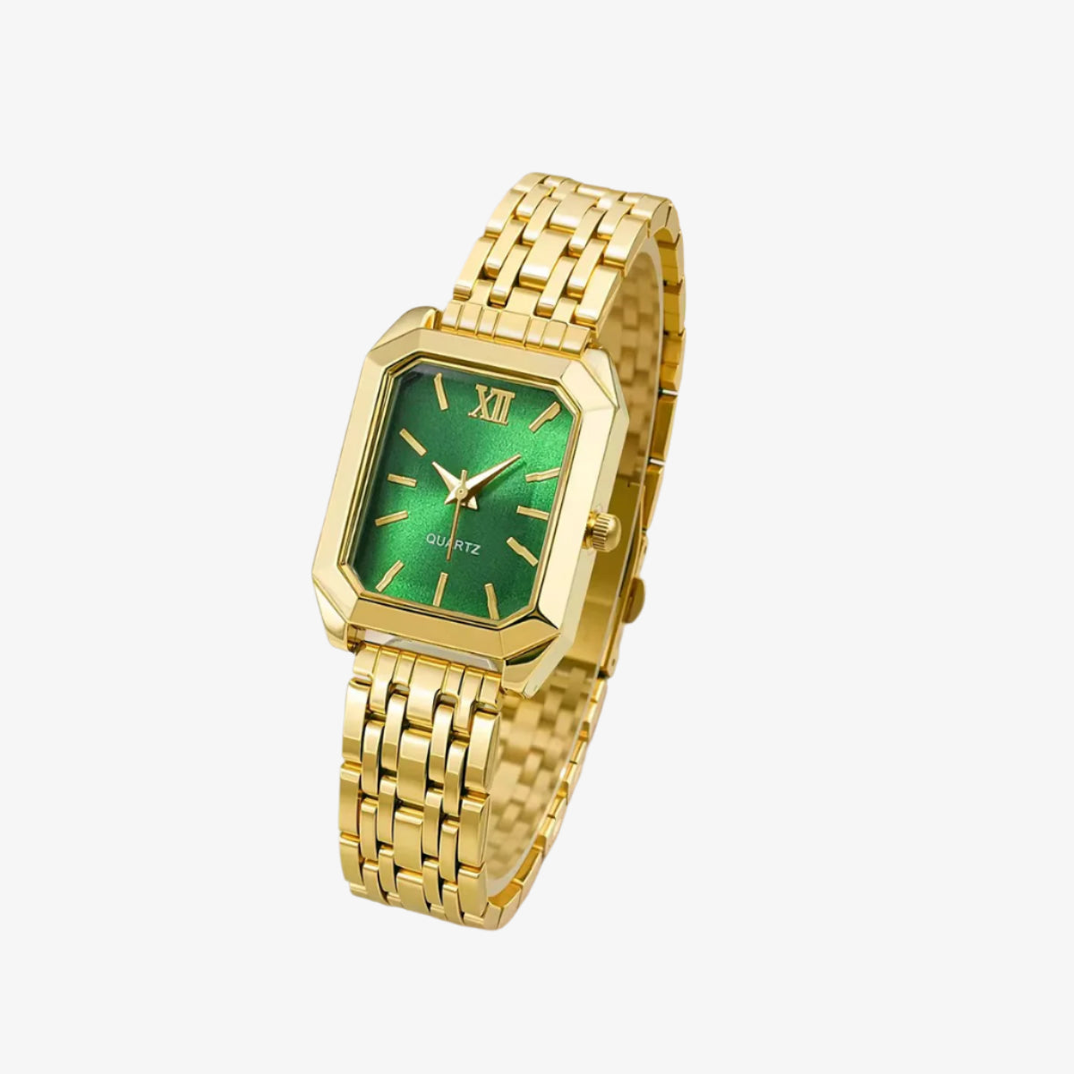 Gold watch with a green face on a white background