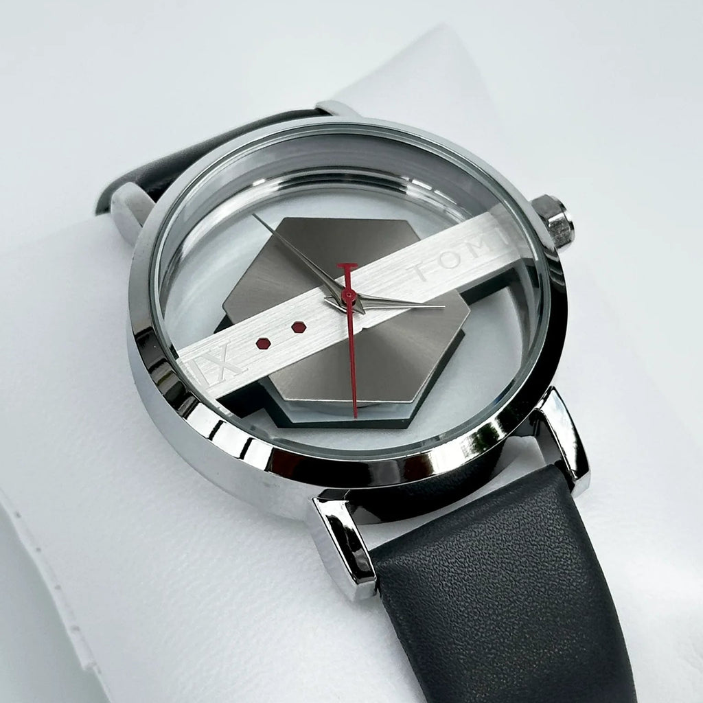 Modern watch with black leather strap and silver case on a white background
