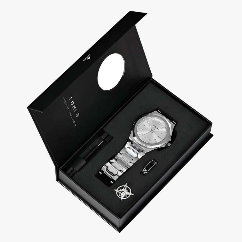 Silver watch with black strap in a black box on a white background
