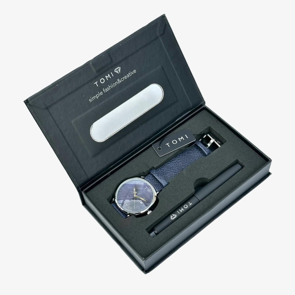 Watch set with blue strap and silver case in a black box on a light gray background