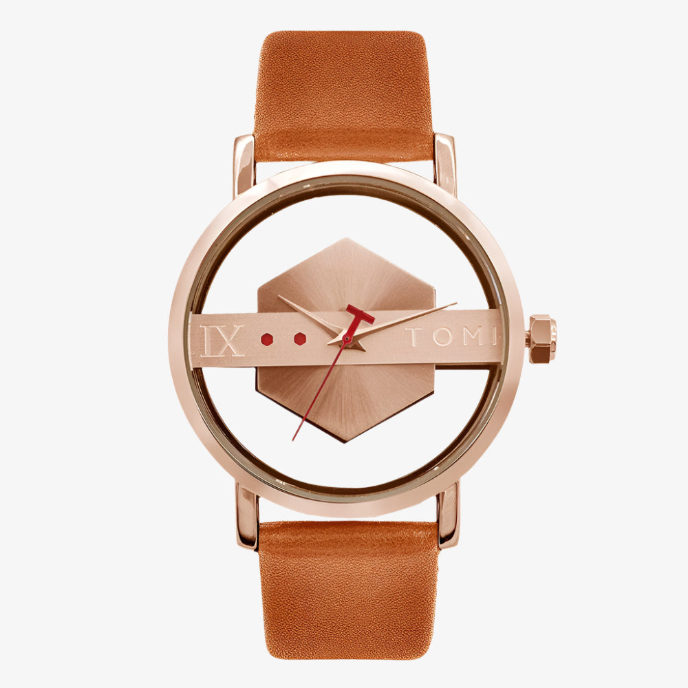 Watch with brown leather strap and rose gold case on white background
