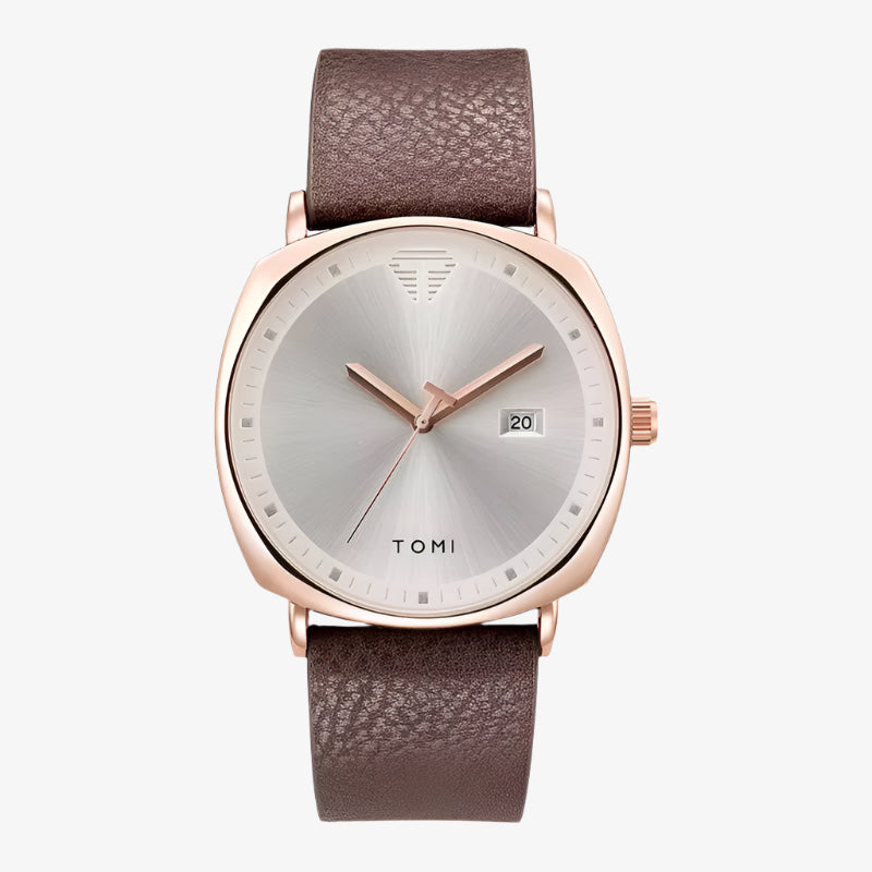Watch with brown leather strap and silver dial on a white background