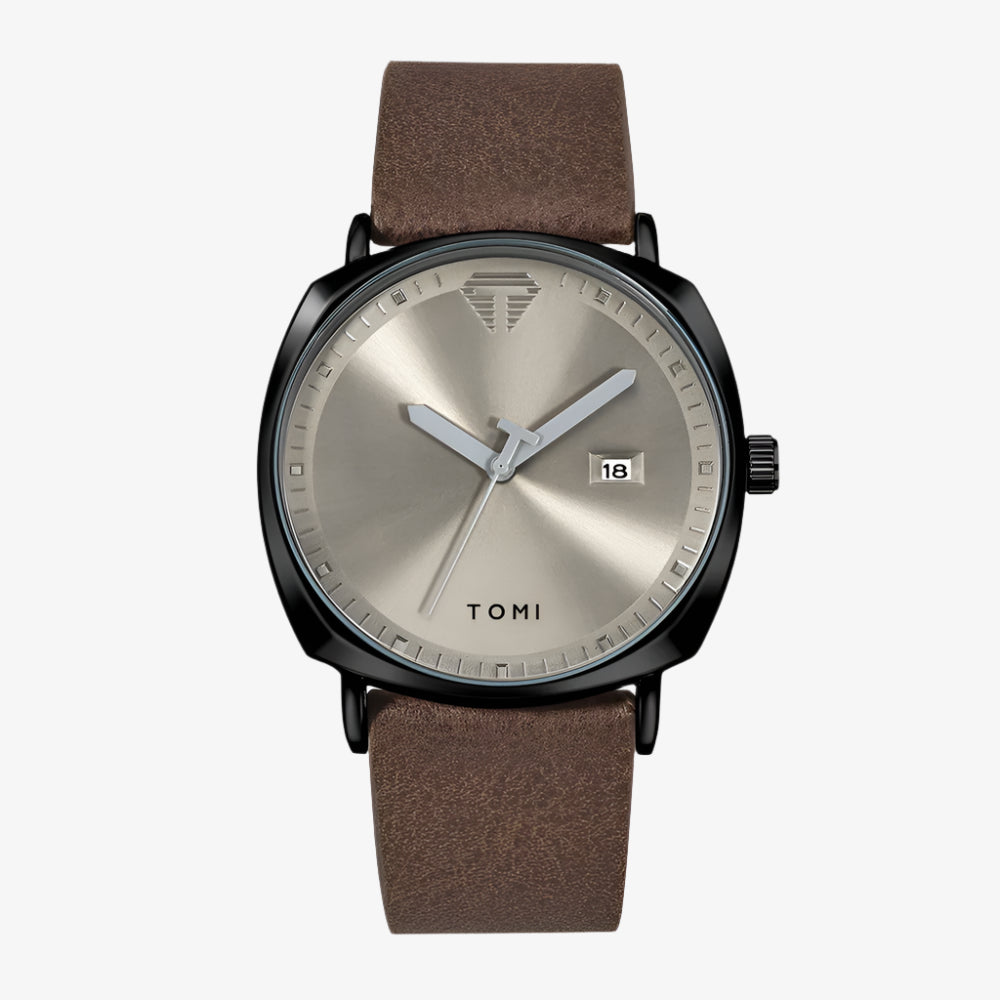 Watch with brown strap and silver face on a white background