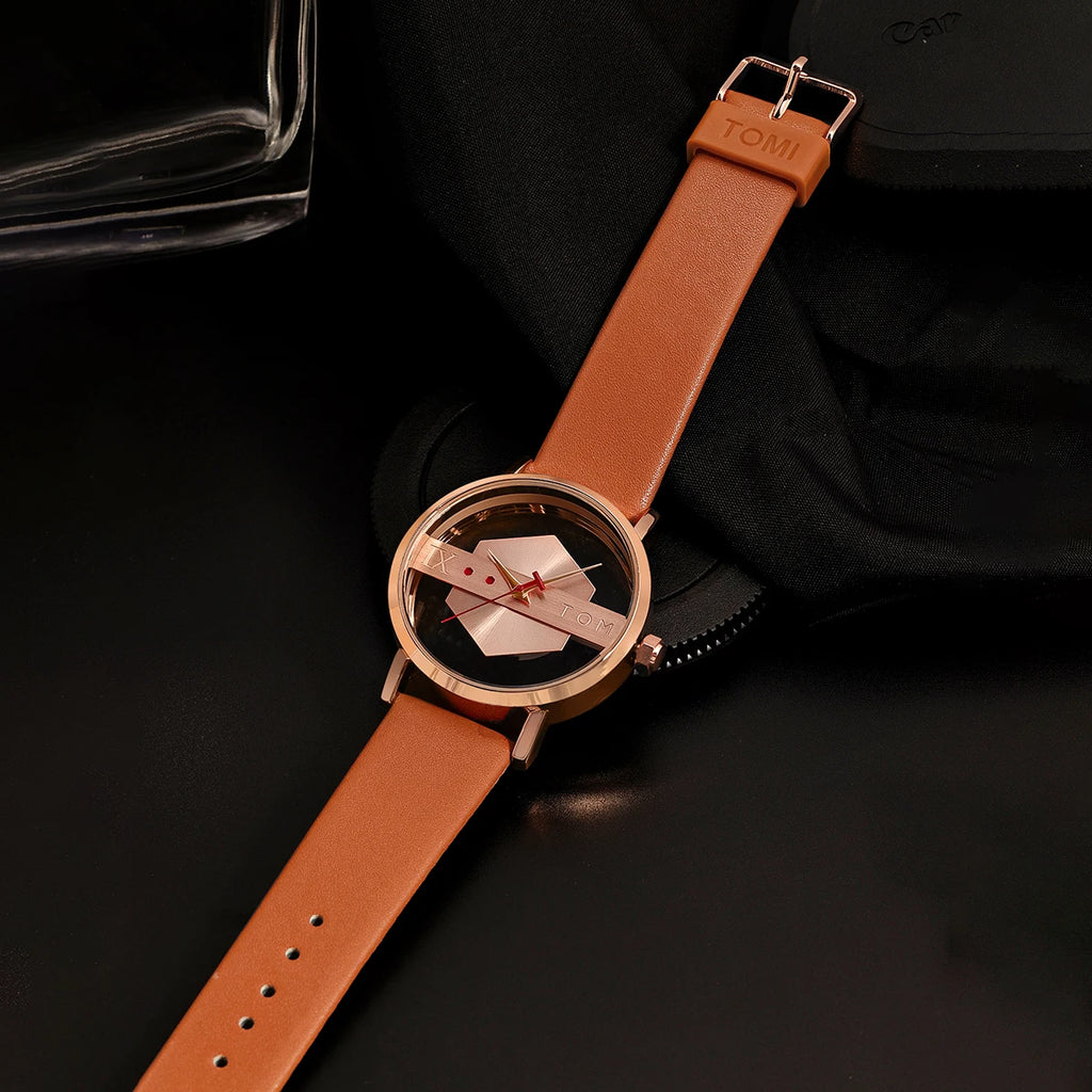 Wristwatch with brown leather strap and rose gold case on a dark background