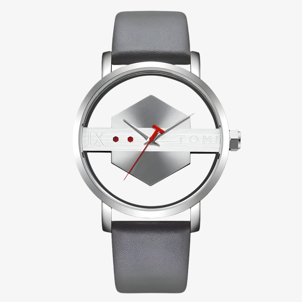 Wristwatch with gray strap and silver case on a white background
